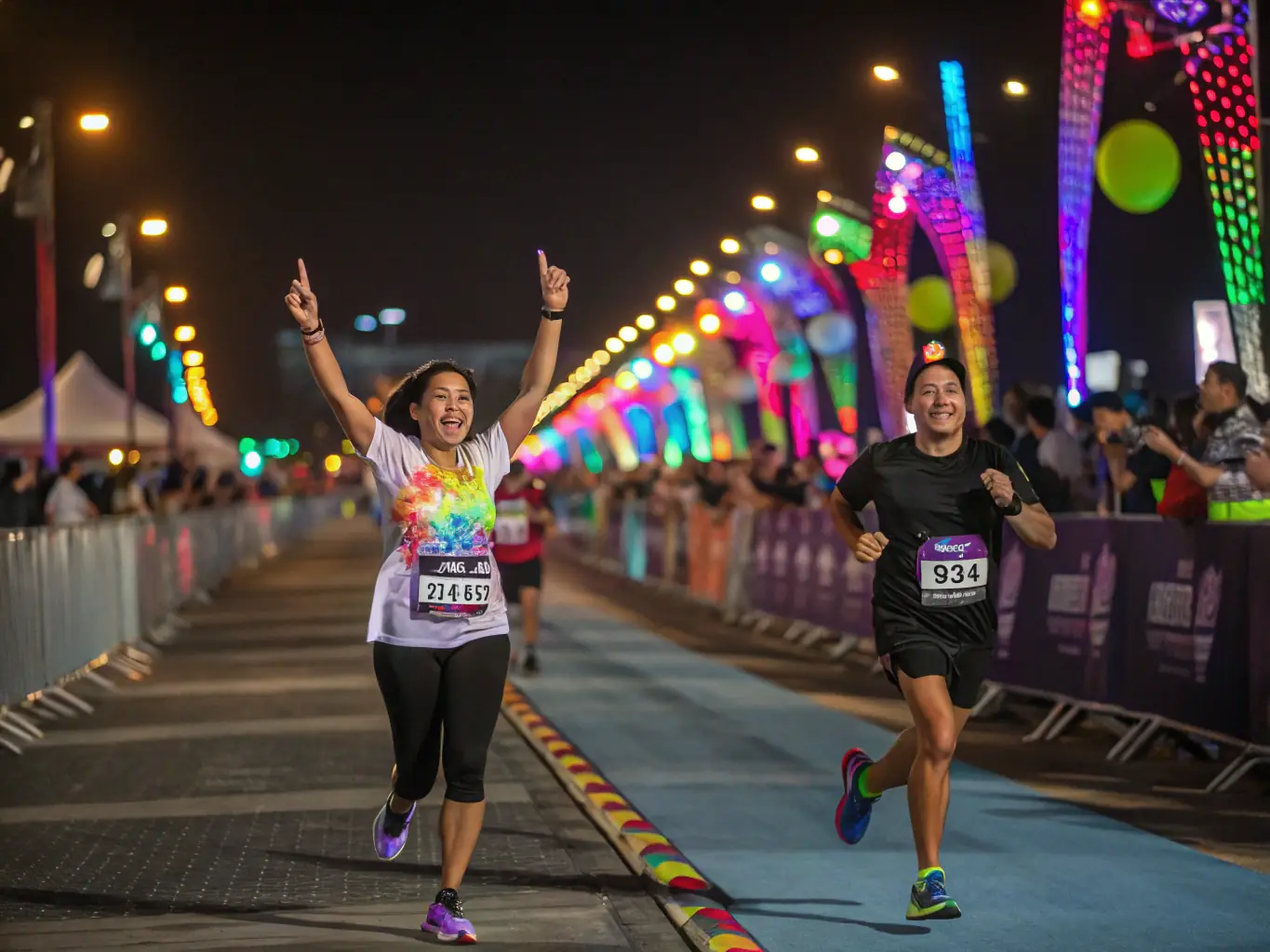 A vibrant photograph capturing a community race event, featuring runners of all ages crossing the finish line with cheering crowds and colorful event banners.