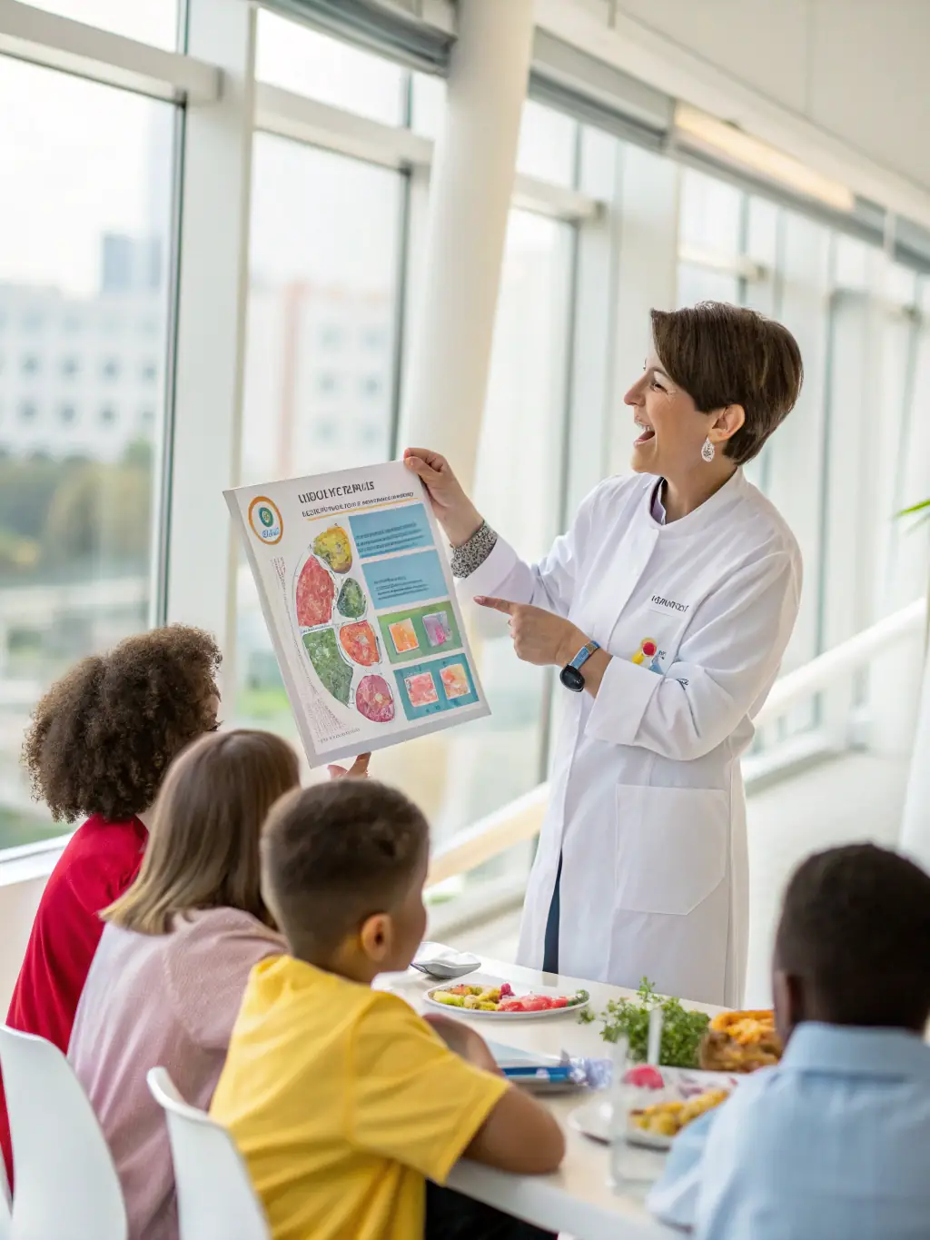 A classroom setting where a nutritionist is giving a presentation on healthy eating habits to a group of people, highlighting the educational aspect of the association.