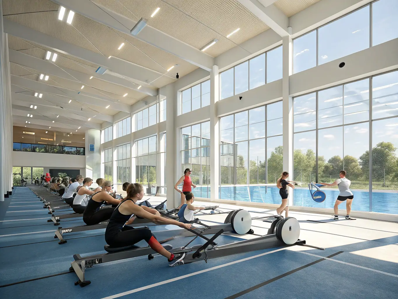 A dynamic image of athletes participating in a training session at a modern sports facility, showcasing diverse participants engaged in various running and fitness drills.