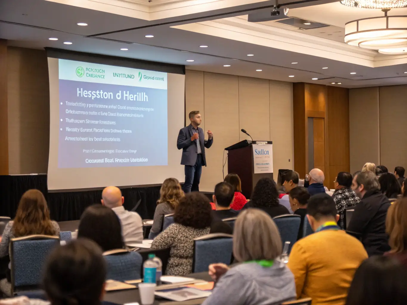 A professional image of a health seminar in progress, featuring speakers presenting to an engaged audience, with educational posters and health professionals in the background.